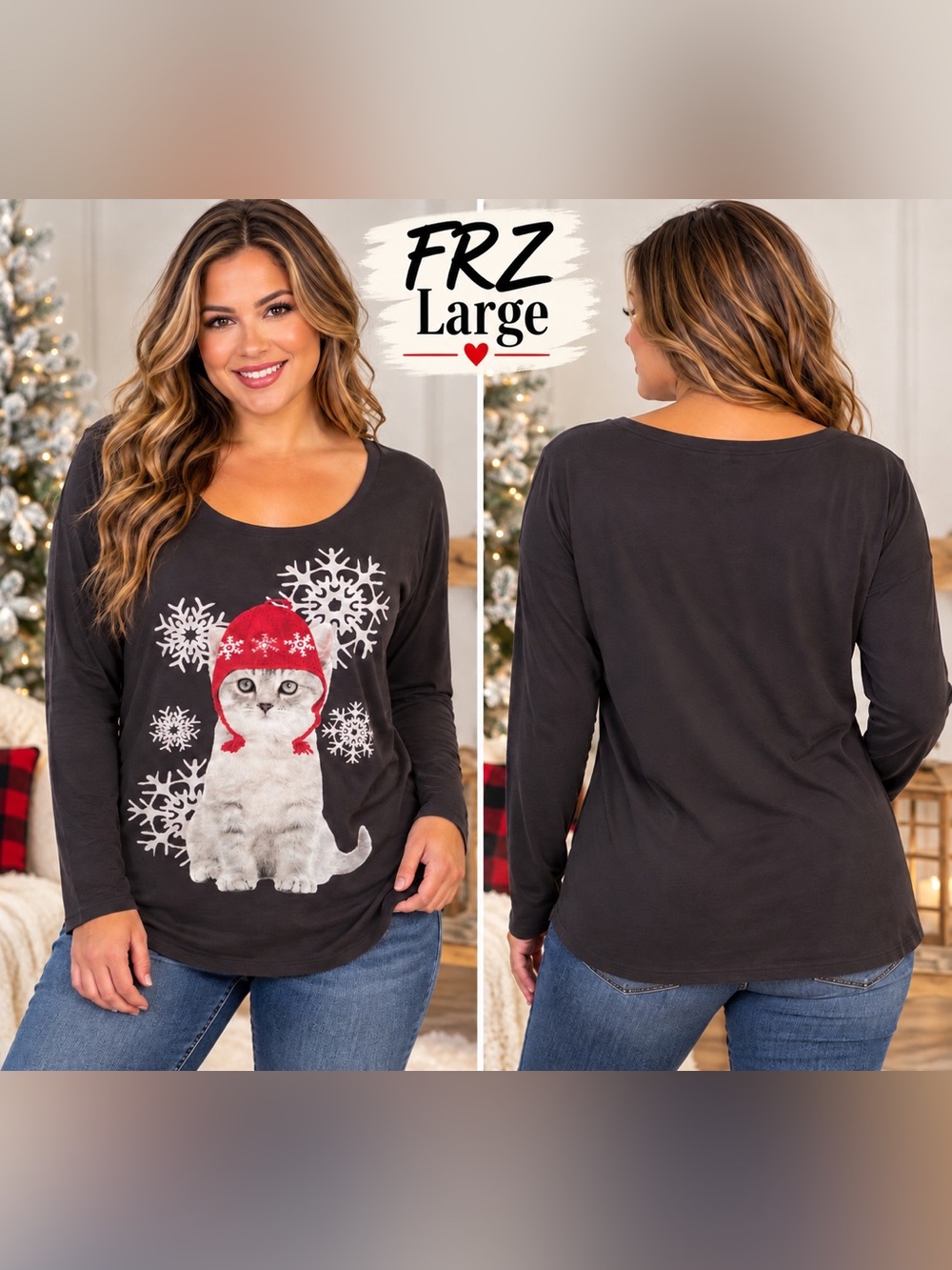 FRZ Large Christmas Cat Snowflake Long Sleeve Graphic Top